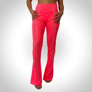 NEW NWT Women's Elsie & Fred Neon Pink Rhinestone Sheer Mesh Flare Pants | XS